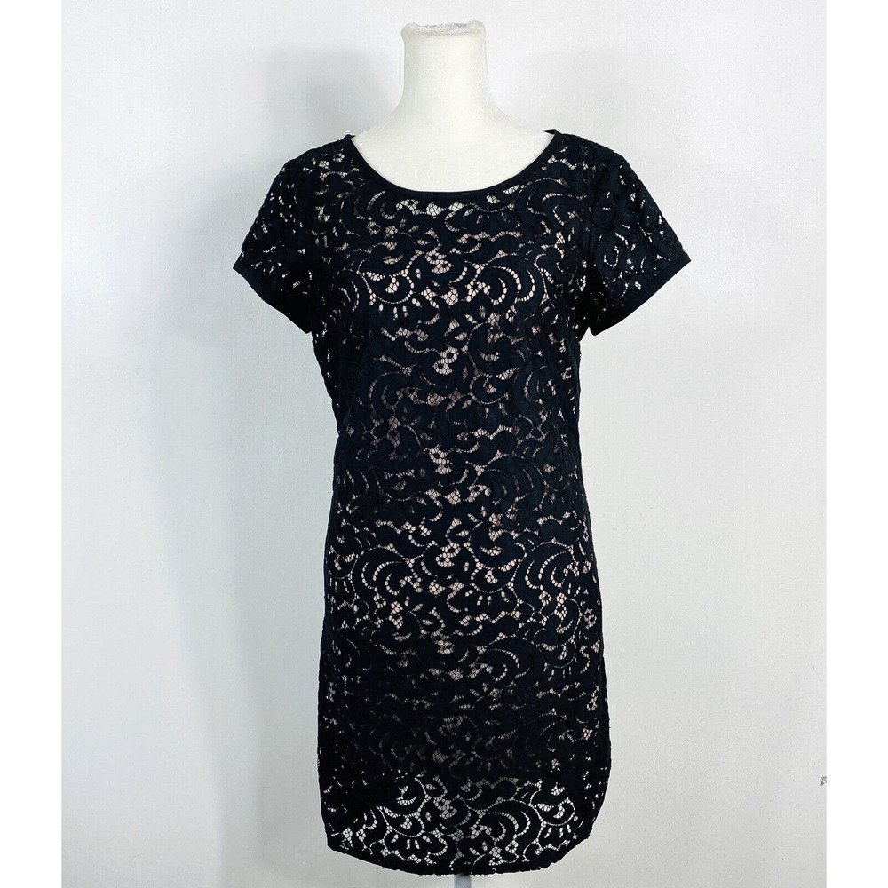 Ann Taylor LOFT Size 2 Black Lace Overlay Mini Dress Short Sleeve Party Event